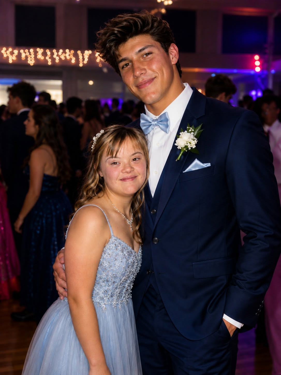 Il quarterback stella della squadra ha chiesto a mia figlia con la sindrome di Down di ballare al ballo di fine anno e, per un brevissimo istante, ho pensato che gli anni di bullismo fossero finalmente finiti. Poi ho trovato una chiavetta USB nascosta nella tasca del suo smoking. Dentro c’erano foto di mia figlia scattate nei suoi momenti più umilianti: mentre piangeva da sola in un bagno, stringendo la giacca strappata dopo essere stata presa di mira dai bulli, abbracciando il suo orsacchiotto di peluche mentre gli altri studenti ridevano alle sue spalle. Accanto alle foto c’era una busta rossa con quattro parole agghiaccianti scritte sopra: “DOPO CHE AVRANNO RISSO”. Quando ho allungato la mano per prenderla, il ragazzo che tutti chiamavano eroe mi ha afferrato il polso e mi ha sussurrato freddamente: “Stai zitta per il bene di tua figlia… o te ne pentirai”. Dall’altra parte della sala da ballo, mia figlia Rosie sorrideva più radiosa di quanto non la vedessi da anni, completamente ignara che la sua serata da sogno stava per trasformarsi in un incubo. Poi il capitano della squadra di football salì sul palco, inserì la chiavetta USB nel proiettore della scuola e guardò dritto mia figlia prima di dire: “Ragazzi, c’è qualcosa di importante che dovete sapere su Rosie.” Mi feci largo tra la folla, con il cuore che mi batteva forte. “Steven, fermati!” Ma i suoi compagni di squadra mi bloccarono la strada. La prima foto apparve sul grande schermo. Poi un’altra. E un’altra ancora. Ognuna immortalava uno dei momenti più crudeli della vita di mia figlia. Nella stanza calò il silenzio. Il sorriso di Rosie svanì lentamente. Pensavo di sapere esattamente cosa stesse per succedere. Pensavo che fosse tutta una messa in scena per umiliarla davanti a tutta la scuola. Ma poi Steven si mise una mano in tasca, tirò fuori qualcosa che non avevo mai visto prima e pronunciò una sola parola che quasi mi fece cadere in ginocchio… continua nei COMMENTI